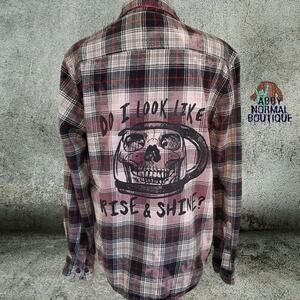 Custom Flannel Shirt, Gothic Skull Coffee Pot Grunge Button-Up Medium